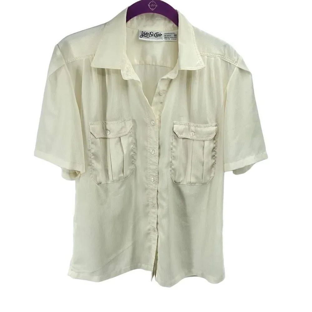 Yves St. Clair Womens Button Down Shirt Vintage Pocket Short Sleeve Beige 10